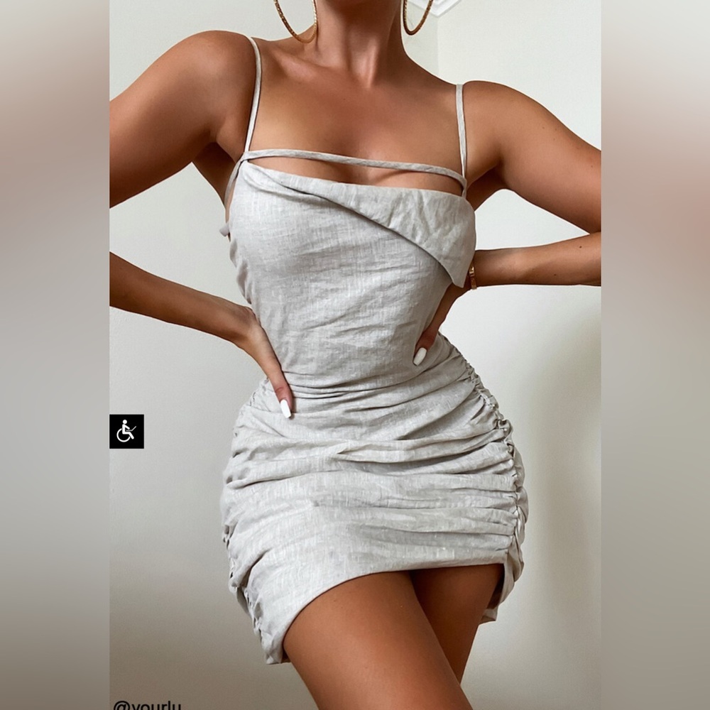 MISTRESS ROCKS ‘Hunter’ 100% LINENE Outer, Stone Gathered Asymmetric Dress S NWT